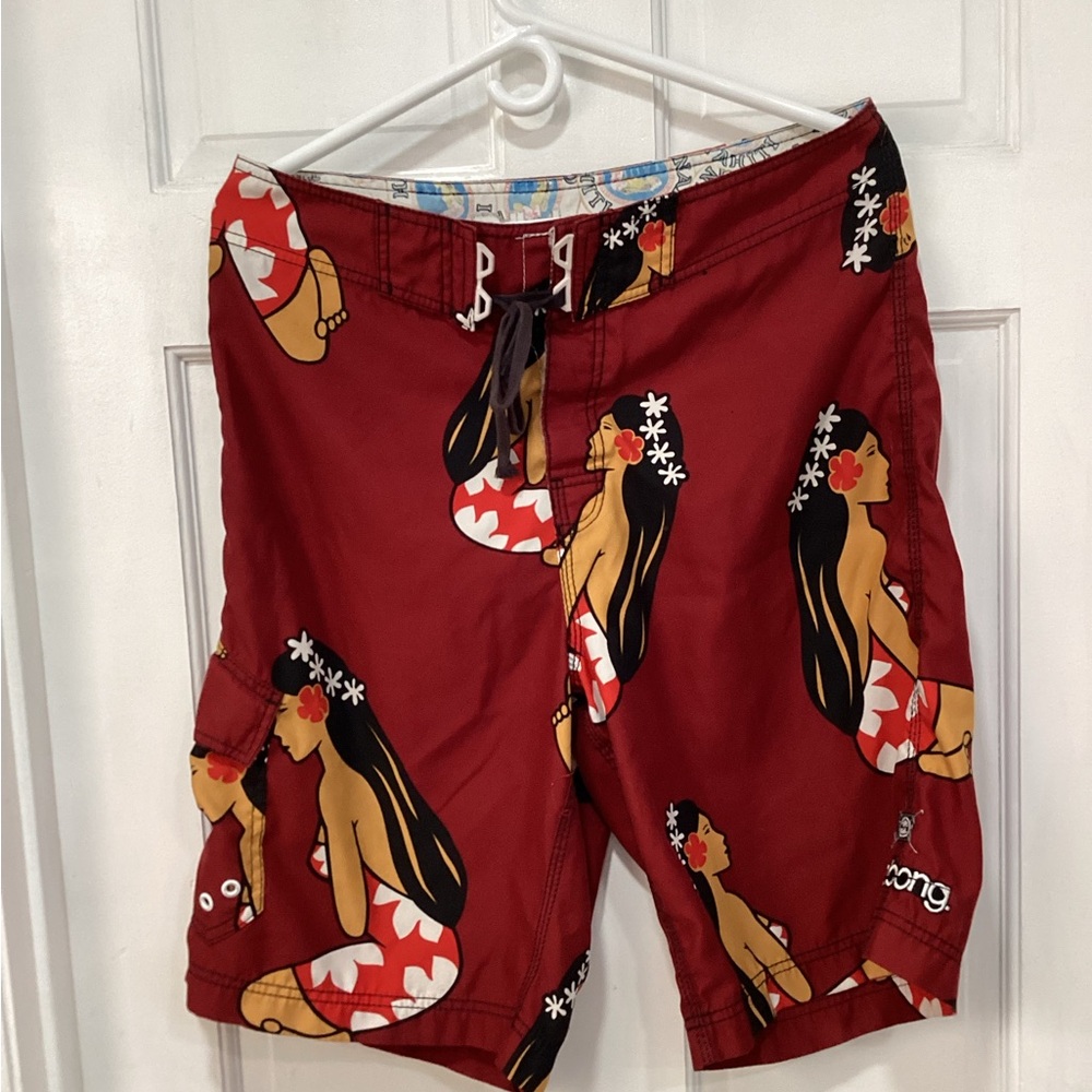 Billabong Red and Black Board Shorts with Playful Print, Island Print, Men Swim